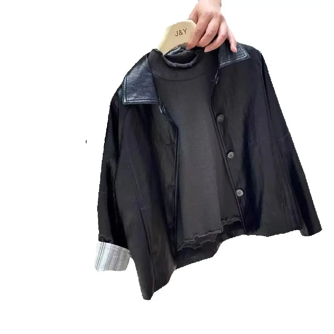 

Girls' outerwear Spring and Autumn New Style Children's Fashionable Western Style Simple Cuff Design Black Leather Jacket