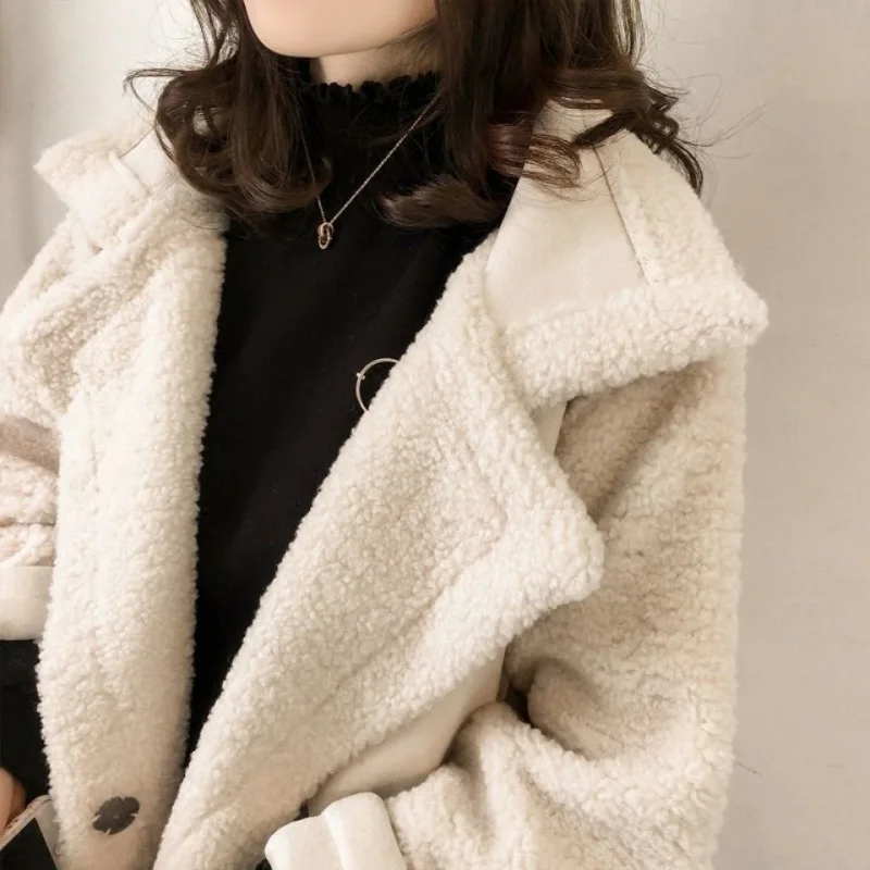 Women Coats Lamb Wool Coat Maxi Thick Warm Khaki Autumn Winter Jackets Turn Down Collar Single Breasted Pockets Elegant