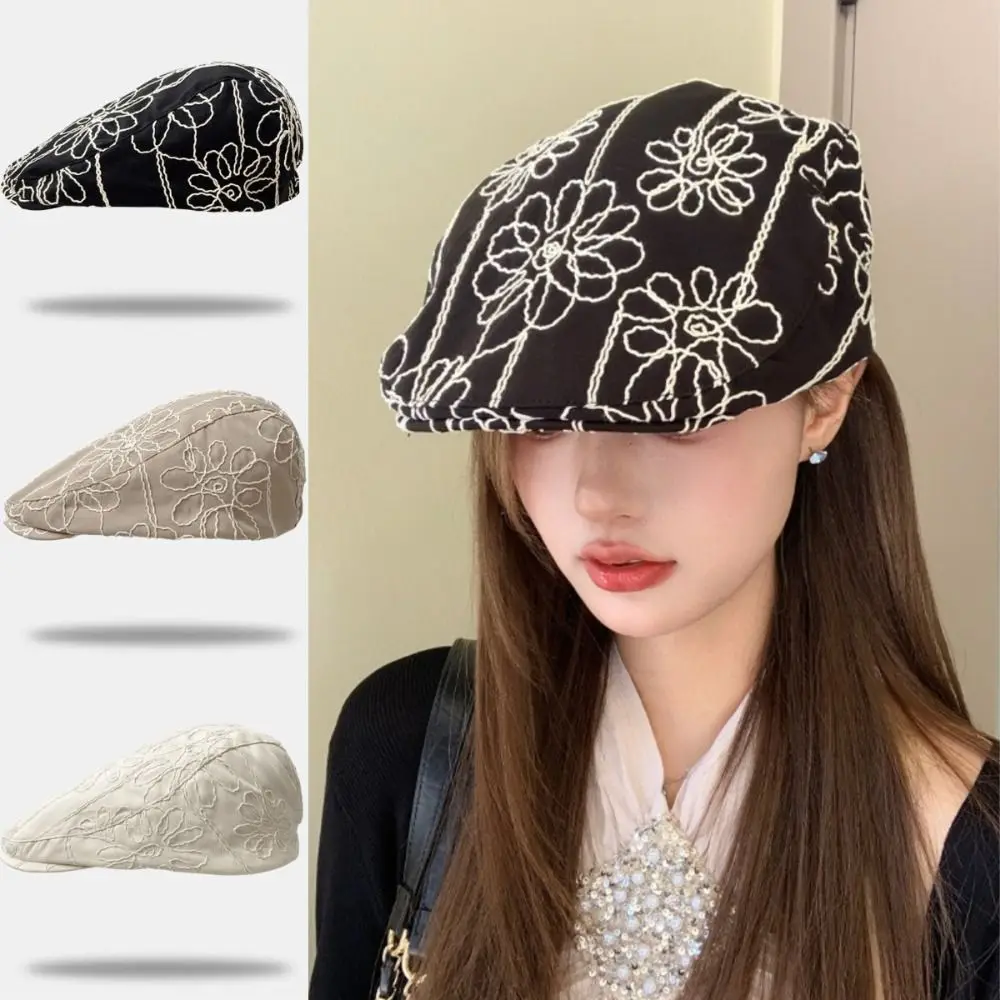 Fashion Retro Forward Cap Flower Embroidery Korean Style Beret Casual Versatile Sweet Spicy British Hat For Lady Girl