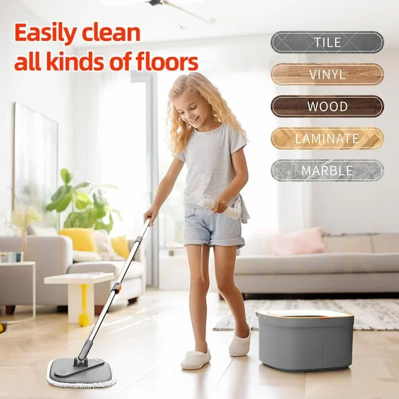 Spin Mop and Bucket with Self Separation Dirty and Clean Water System, Self Wringing 360° Rotating Clean Mop-Head and Bucket Set