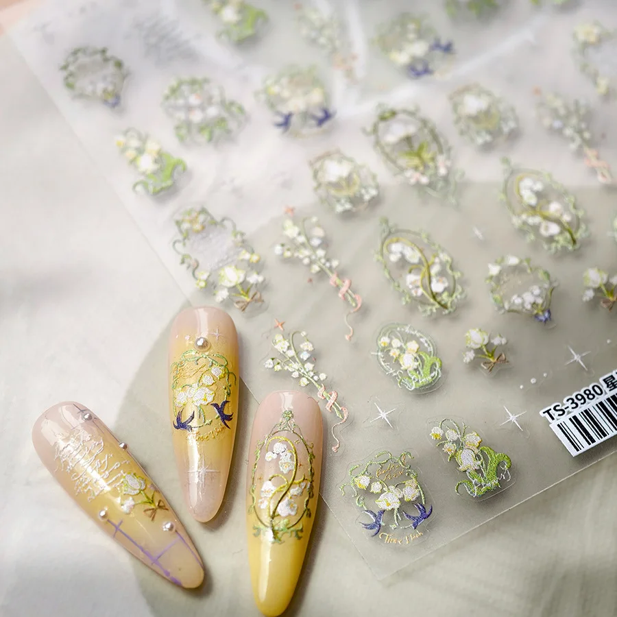 은방울꽃 꽃다발 녹색 포도 나무 리본 Bowknot 5D 부조 자기 접착제 네일 아트 장식 스티커 3D 매니큐어 데칼