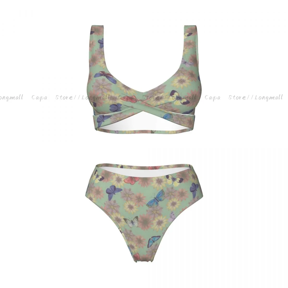 ฤดูร้อนผู้หญิง V คอชุดบิกินี่ดอกไม้น่ารักผีเสื้อชุดว่ายน้ําหญิง 2 ชิ้นชุดว่ายน้ําชายหาดชุดว่ายน้ํา