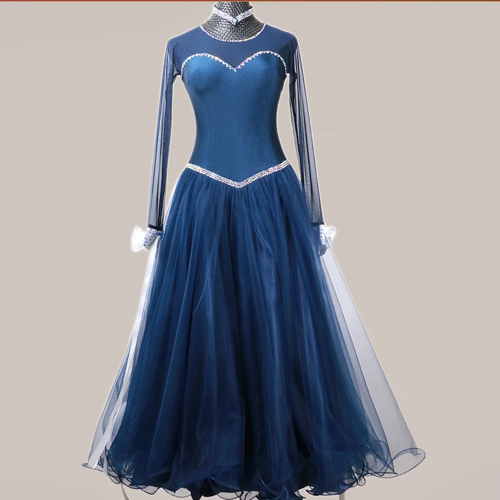 볼룸 댄스 경연 대회 드레스 노란색 새 라운드 넥 볼 드레스 리본 진한 파란색 왈츠 블랙 의상 고품질