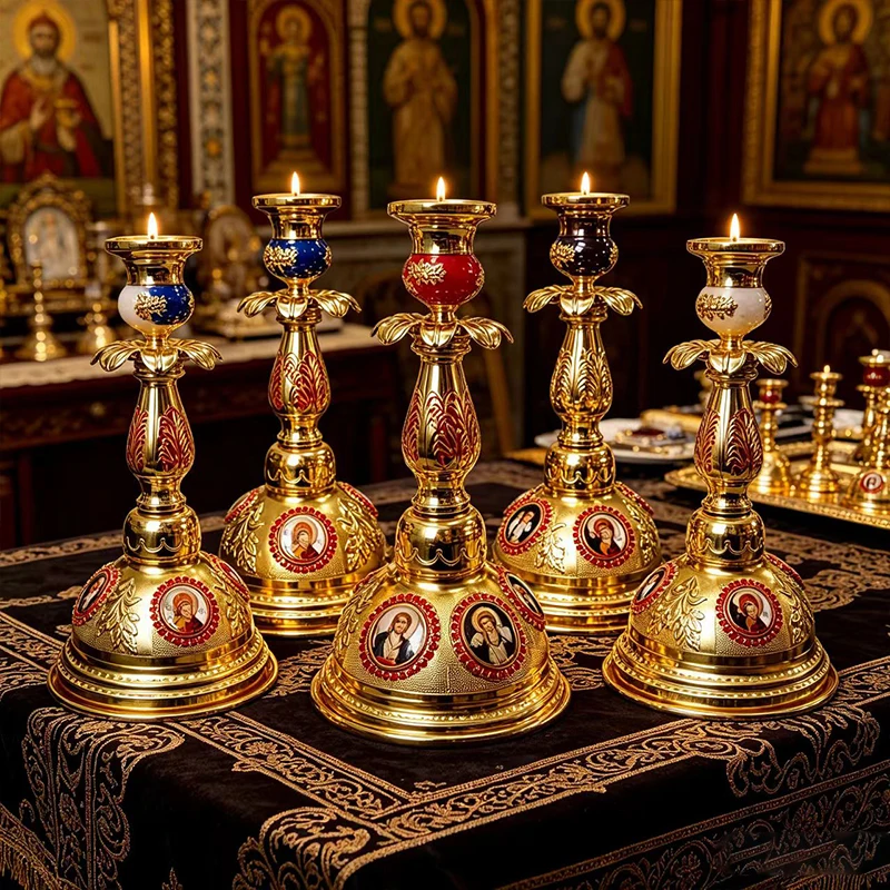 Orthodoxer Altar-Kerzenhalter aus Goldmetall, verziert im byzantinischen Stil, mit religiösen Ikonen für Kirchen- und Heimdekoration, christliches Geschenk – Detail 2