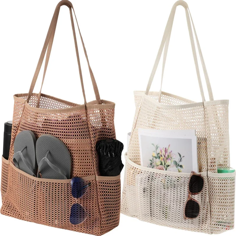 Bolsa de praia multi bolsos para toalhas, malha, durável bolsa de viagem, brinquedos organizador, impermeável, roupa interior, armazenamento de natação, verão