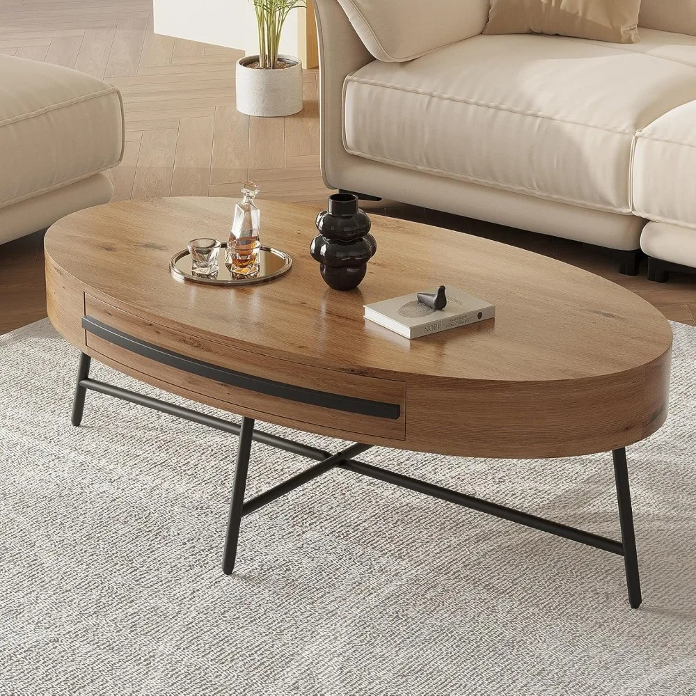 

Oval Coffee Table with Drawer Mid-Century Modern Center Table 47.2“ Wooden Coffee Table with Storage and Cross Metal Legs Uniqu