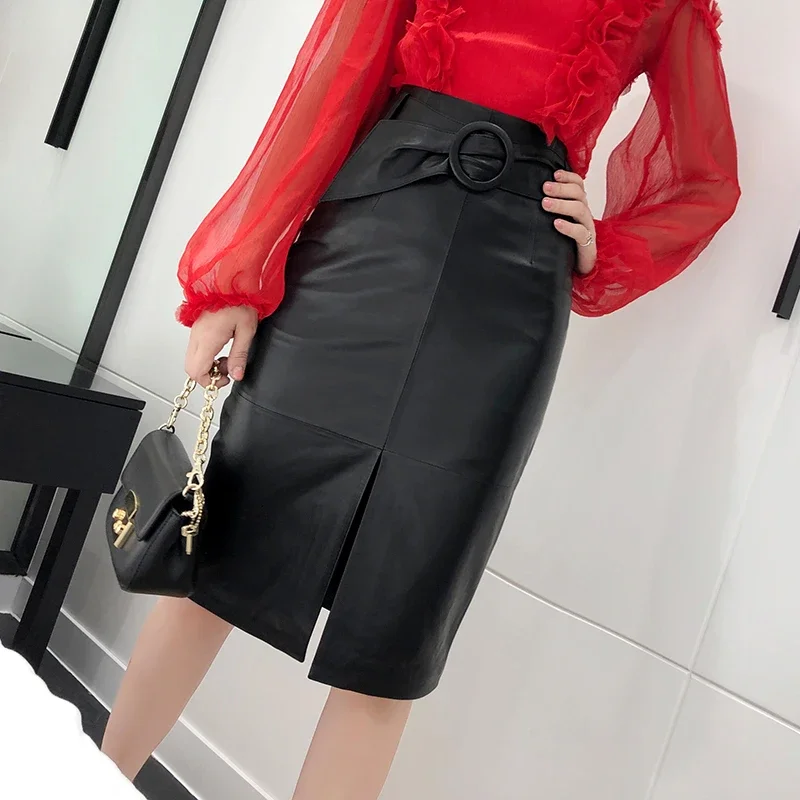 2024 Women Genuine Leather 65cm Long Wrap Skirt OL Sexy Pink Female Ring Belt High Waist Faldas Mujer Front Slit