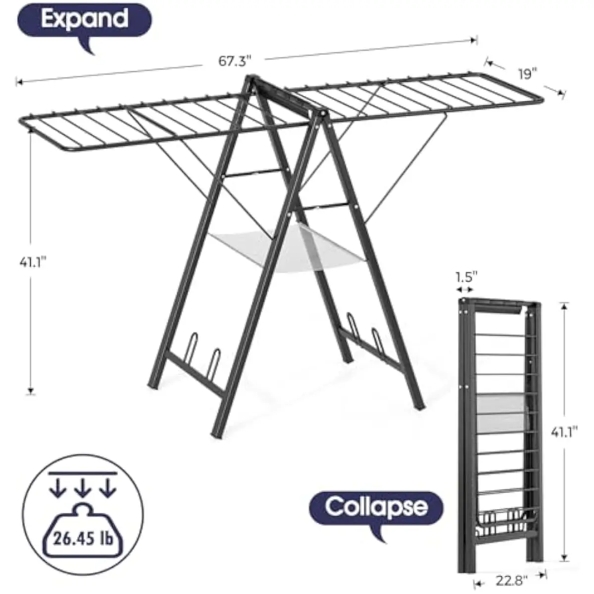 Foldable Floor-Standing Laundry Rack with 22 Rods Mesh Basket Sock Clips Shoe Holder Rustproof Metal Frame Adjustable Height Spa