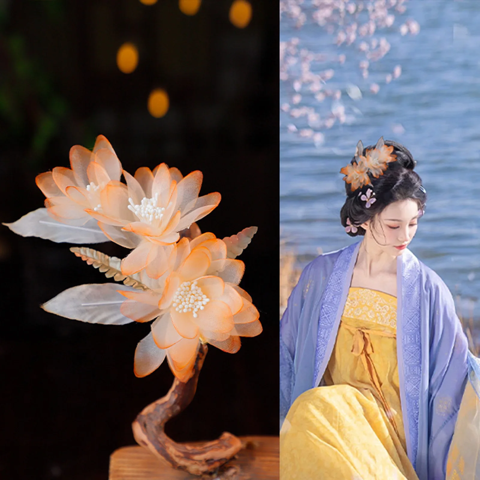 1 pieza Horquilla de pelo vintage con flor, estilo chino, hecha a mano, de gasa con diseño de loto, para vestido Hanfu, elegante adorno para la cabeza, accesorios para el pelo de niñas