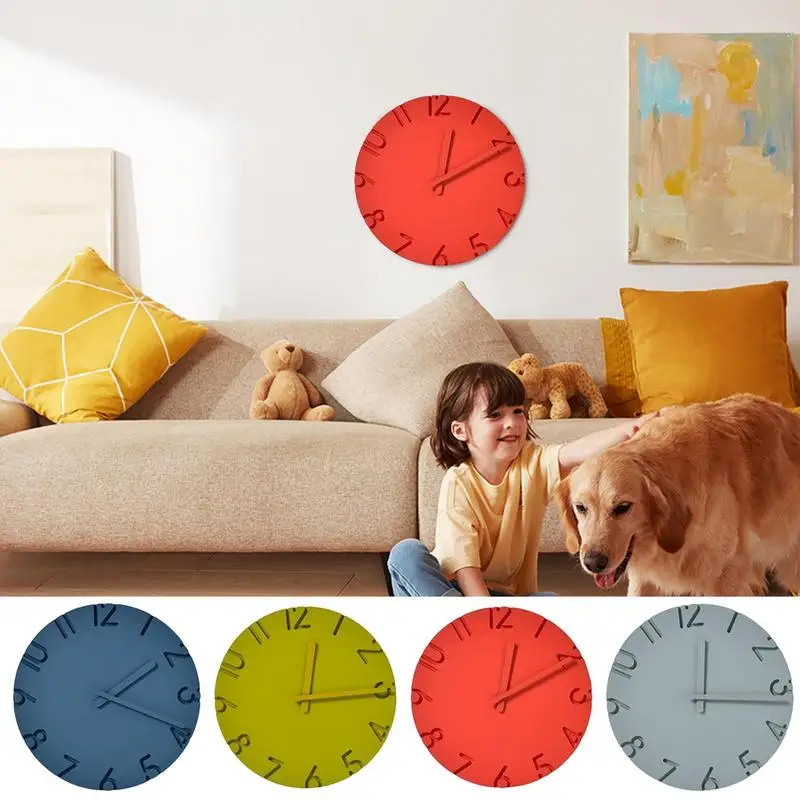 Round Wall Clock 12Inches Round Modern Wall Clock Silent Room Decor 3D Number Non-Ticking Cement Texture Wall Decor Home