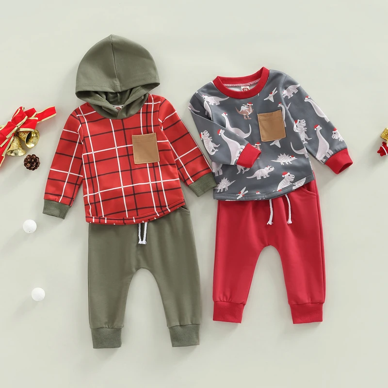 2022-10-18 Lioraitiin 0-3Years Toddler Boys Autumn 2PCS Outfit Sets Long Sleeve Plaid Hoodie + Solid Color Drawstring Pant