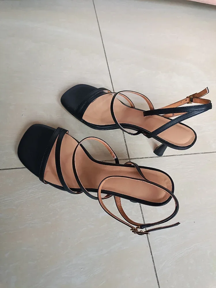 New Trend 2025 Ankle Strap Sandals Summer Women Sexy Party High Heels Black Light-Yellow Beige Apricot One Word Buckle Sandal