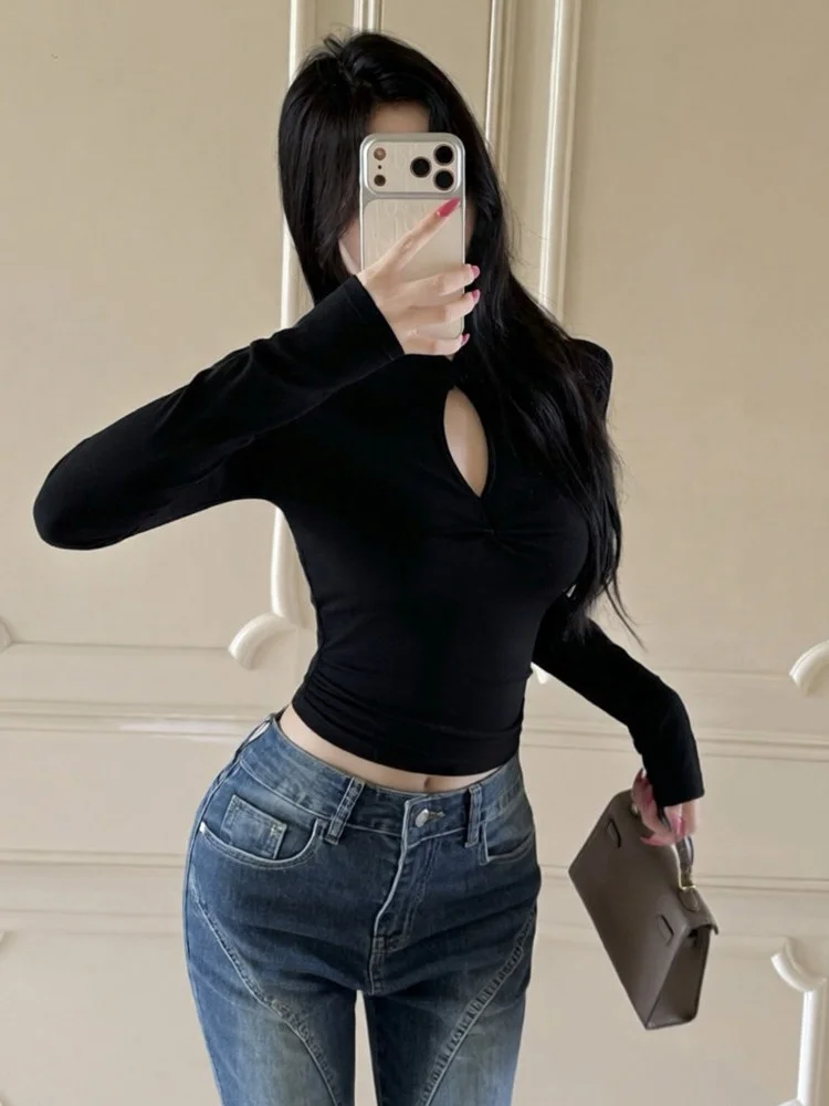 Sexy Slim Fit American Hot Girl Style Hollow out Long Sleeve T-Shirt Pure Color Flag Dress Collar Pullover High Waist Design