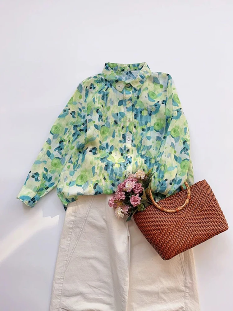 

Летний модный женский свободный хлопковый льняной irt een с цветочным принтом, повседневный топ с защитой от солнца, винтажный топ для поездок на работу