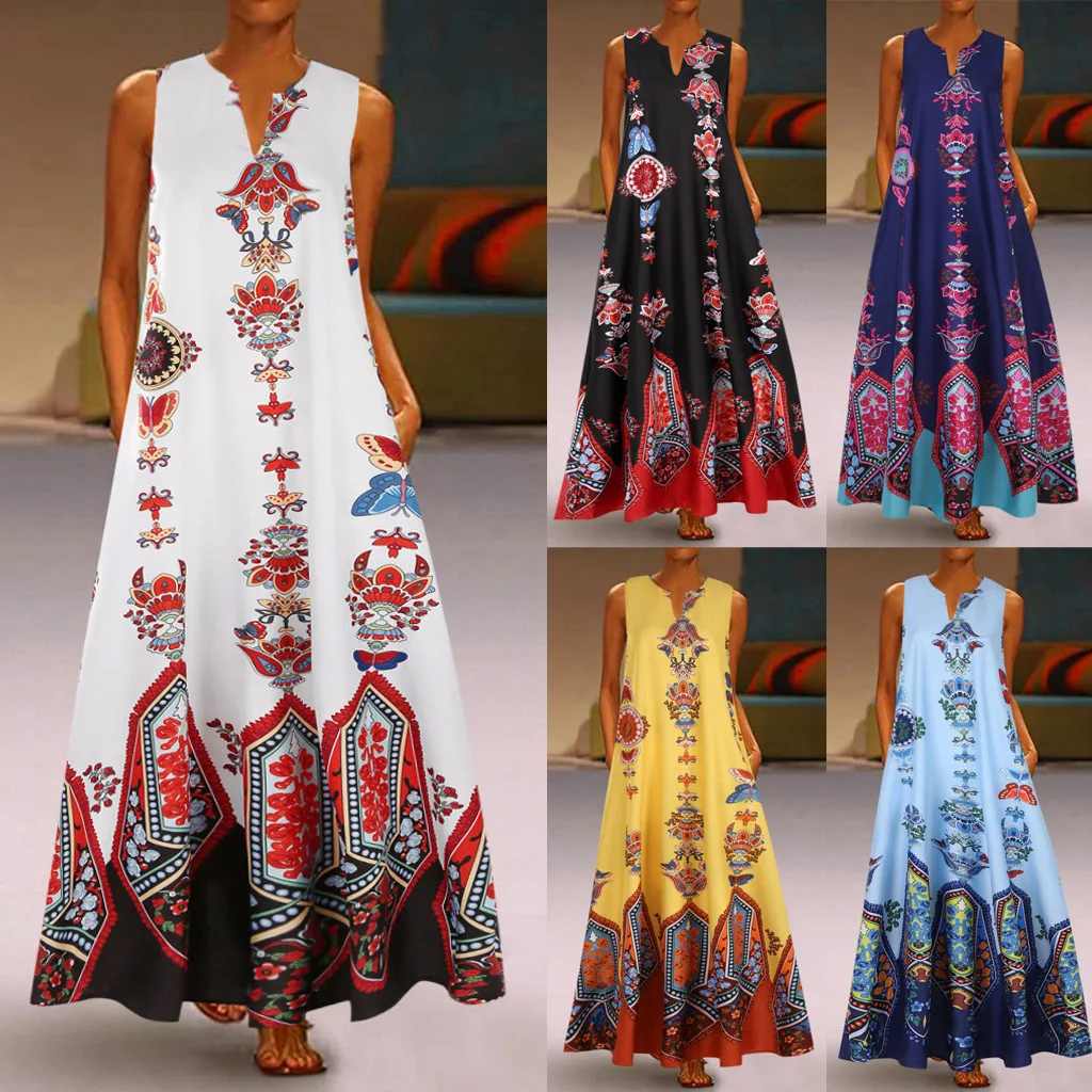 

Summer Sleeveless Maxi Dresses Women Vintage Flowers Printed Bohemian Long Dress Robe Female Elegant V-Neck Beach Dress Sundress