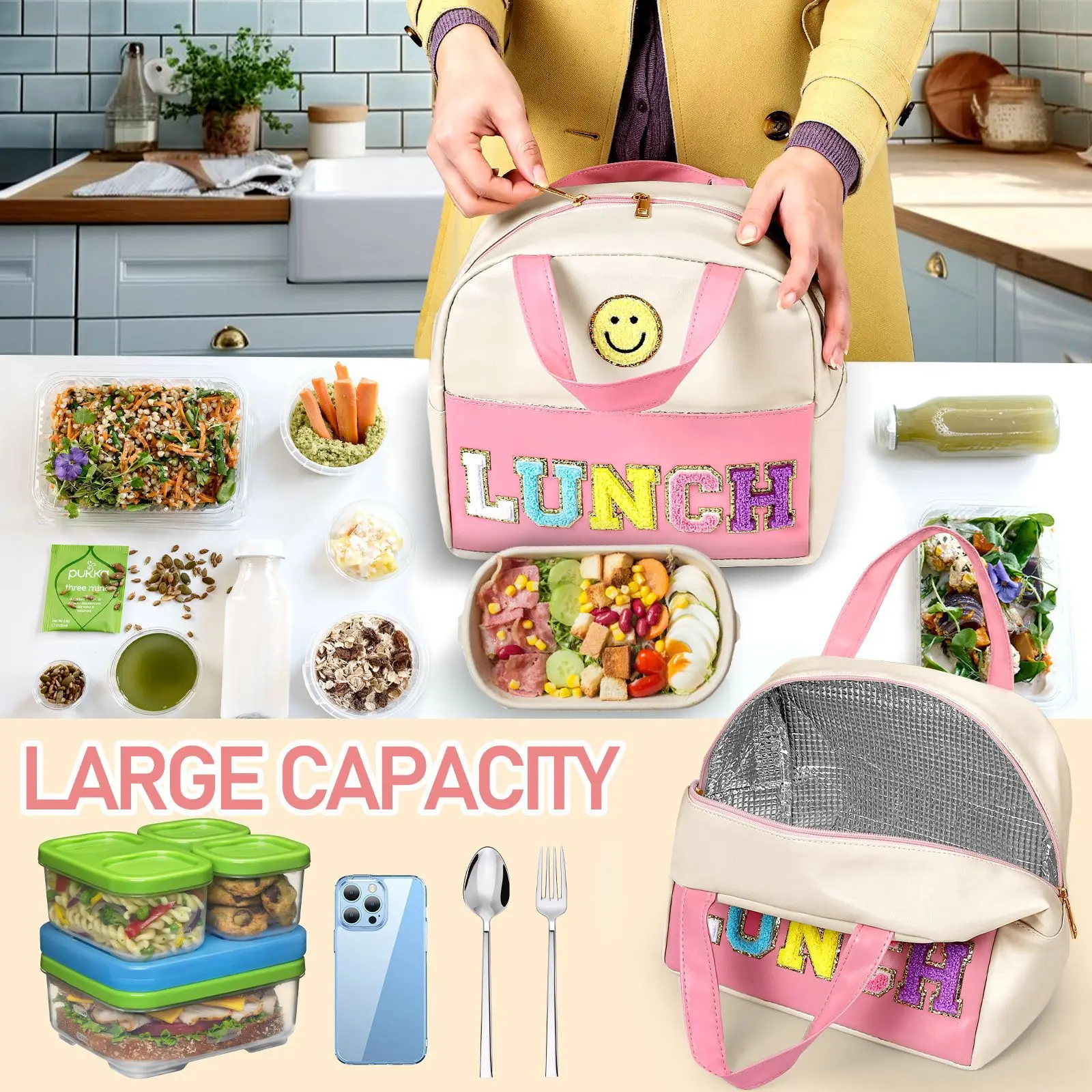 Nylon Insulated Lunch Bag Reusable Tote Bag Leakproof Thermal Cooler Sack Preppy Lunch Bags for School Travel Picnic For Kids