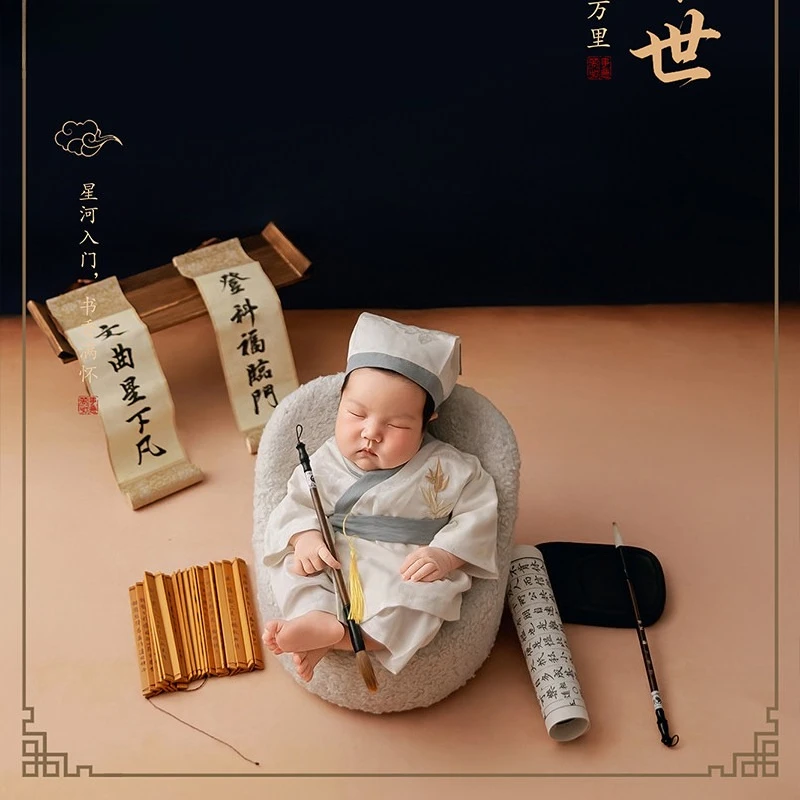 Newborn Photography Props Chinese Ancient Costume Scholar Backdrop Couplets Calligraphy Brush Decor for Studio Photoshoot Prop