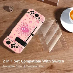 1 Pcs Pink Heart Skull Case with 2 x Tempered Glass Screen Protectors for Switch NS/Oled/Lite, Drop and Scratch Resistant