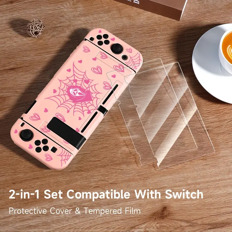 1 Pcs Pink Heart Skull Case with 2 x Tempered Glass Screen Protectors for Switch NS/Oled/Lite, Drop and Scratch Resistant