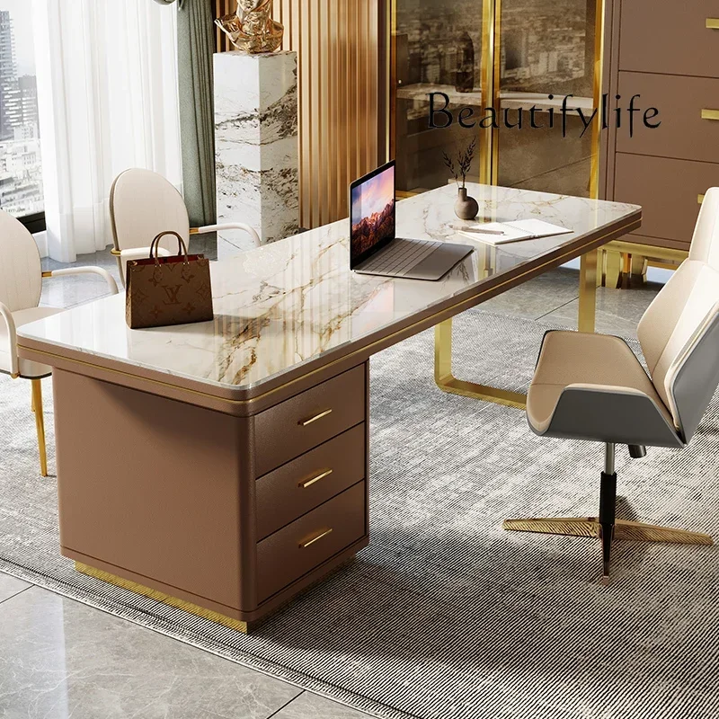 

Italian light luxury home desk rock slab office table and chair combination simple modern consulting writing desk high-end