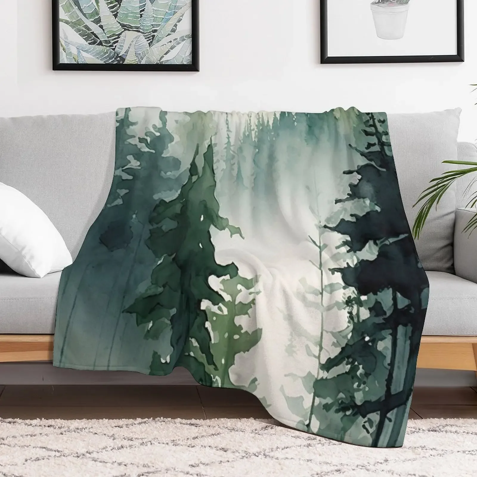 Foggy Green Forest Abstract Watercolor Throw Blanket Stylish Decor Blanket Gift for Friends Roommate