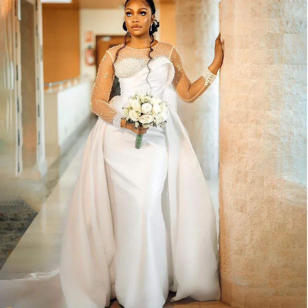 Grânulos personalizados lantejoulas sereia vestido de casamento com overskirt ilusão mangas compridas cetim aberto volta espartilho volta vestidos de noiva