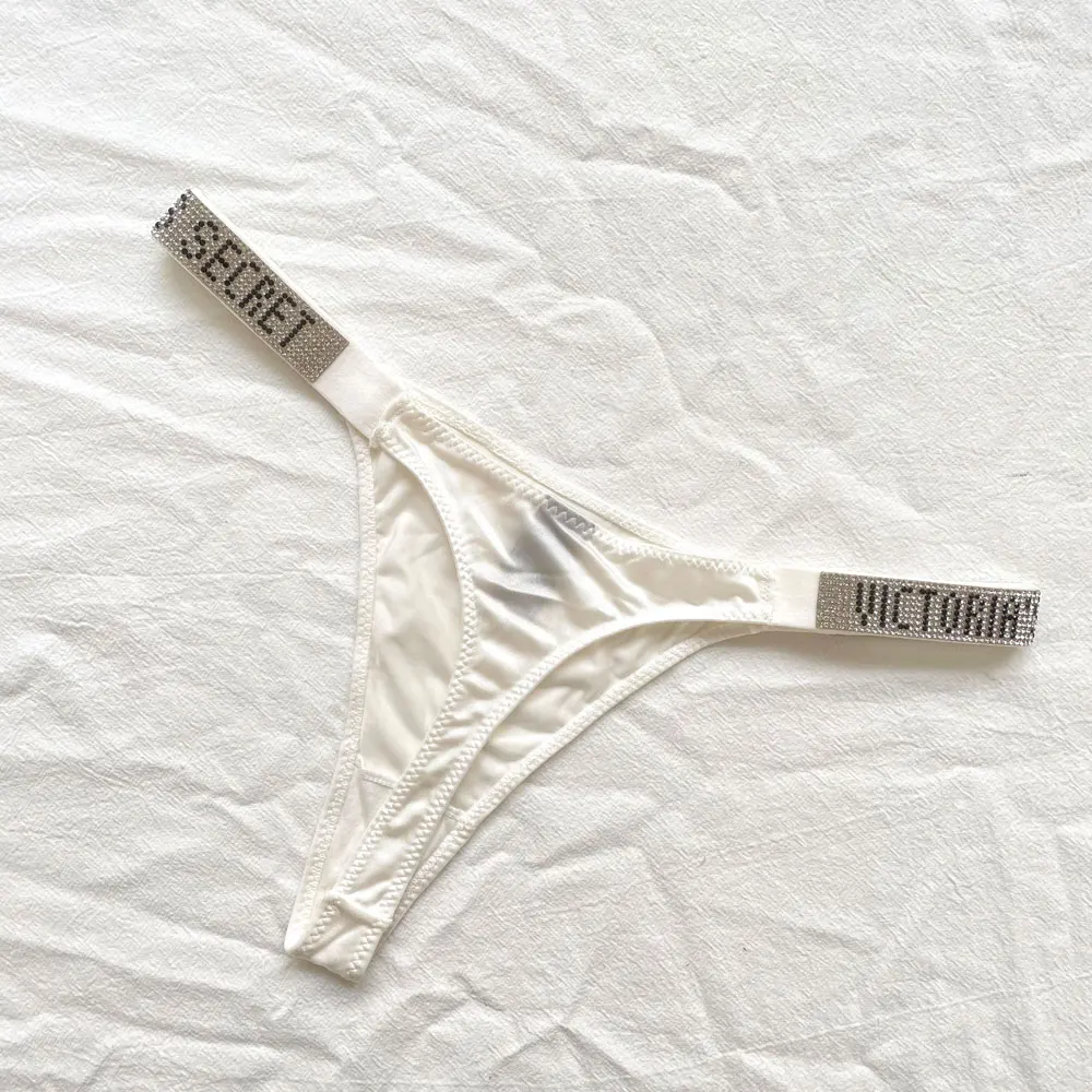 Victoria's Secret-tanga strass fio-dental para mulheres, letra cetim, lingerie sexy de renda, roupa íntima, calcinha, calcinha pentual