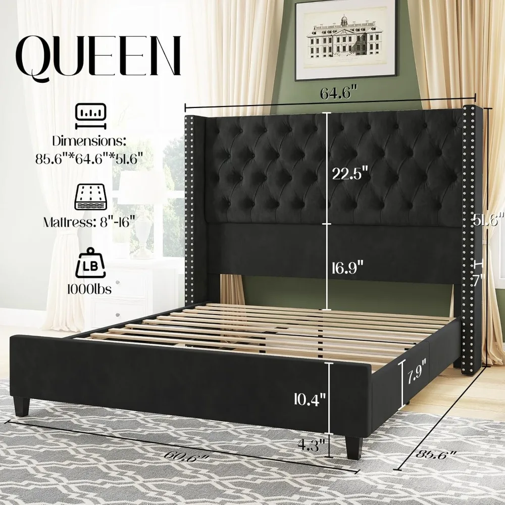 Queen Upholstered Bed Frame Tall Headboard Wingback Platform Bed Tufted Deep Button Velvet No Box Spring Needed Easy Assembly