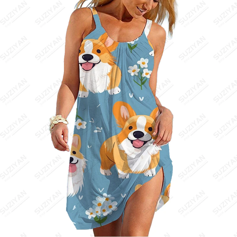 2023 Summer Hot -selling Dress Cute Dog 3D Printed Dress Women's Comfortable Breathable Dresses Casual Spaghetti Strap Dress