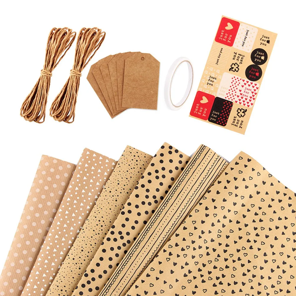 ABRJ-Kraft Gift Wrapping Paper,Birthday Wrapping Paper,6 Sheets Kraft Brown Wrapping Paper With Tags Jute Strings And Sticker