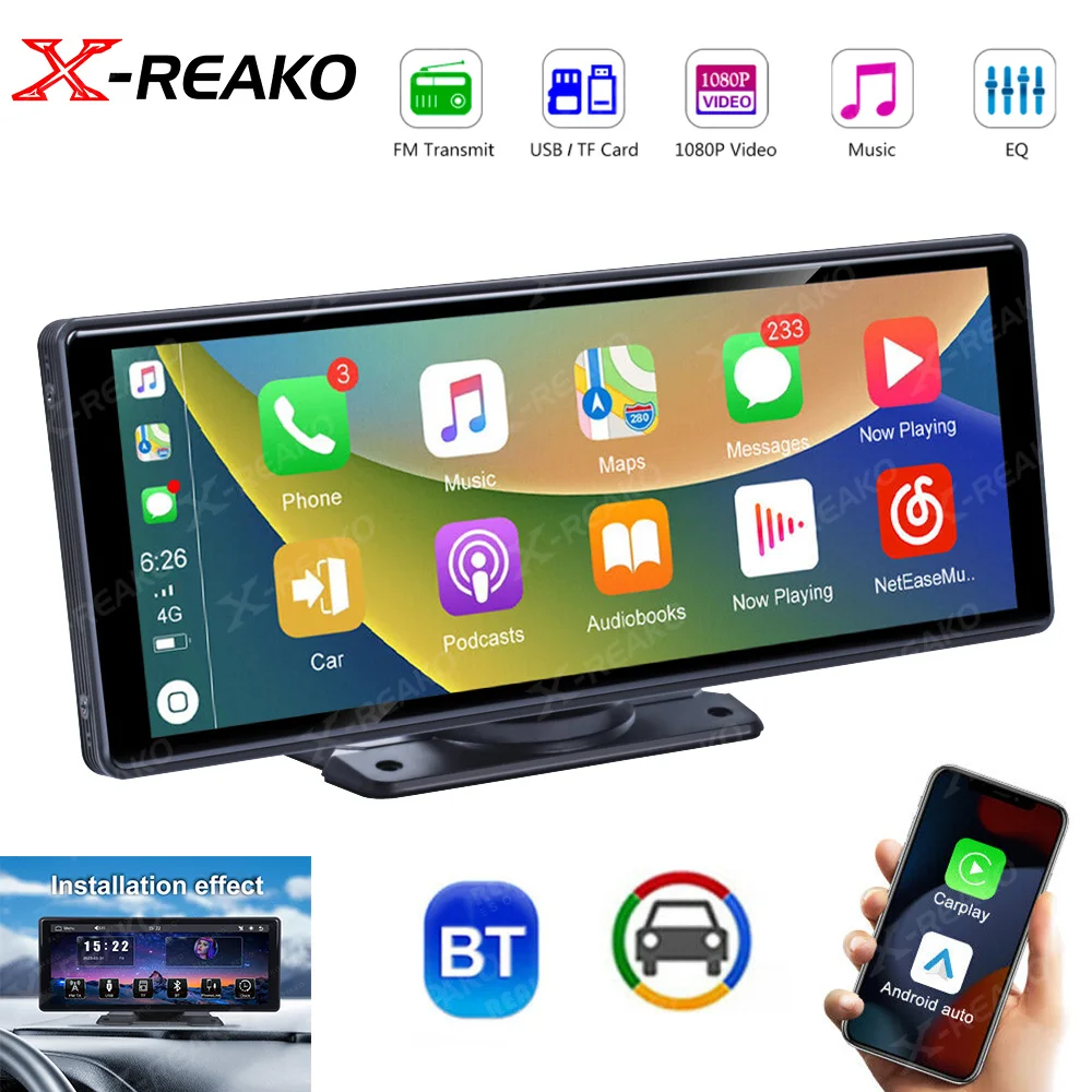 X-REAKO 10.26 Inch MP5 Car Radio Wireless Carplay Android Auto Connection Portable Touch Screen Rearview Camera Voice Control