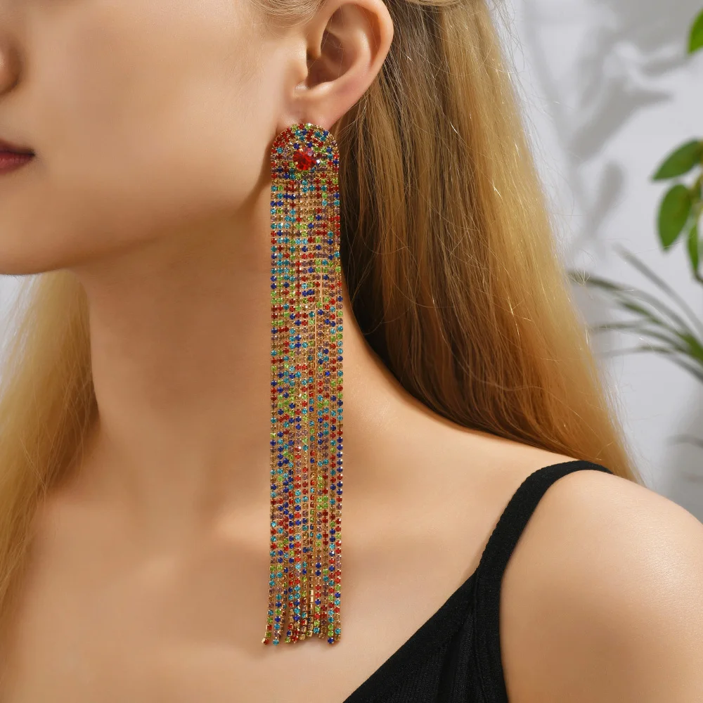 Fashion Exaggerated Long Tassel Dangle Earrings For Women Luxury Shiny Glass Decor Vintage Ethnic Ear Accessories Charm Jewelry