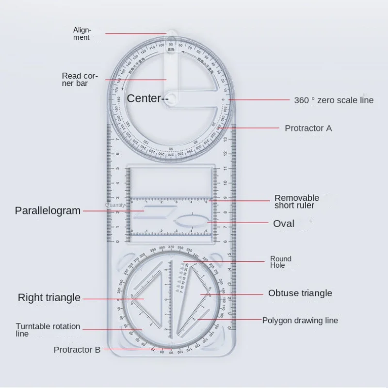 Rotary Multifunctional Drawing Ruler Geometric Drawing Template Ruler Students Measuring Tool