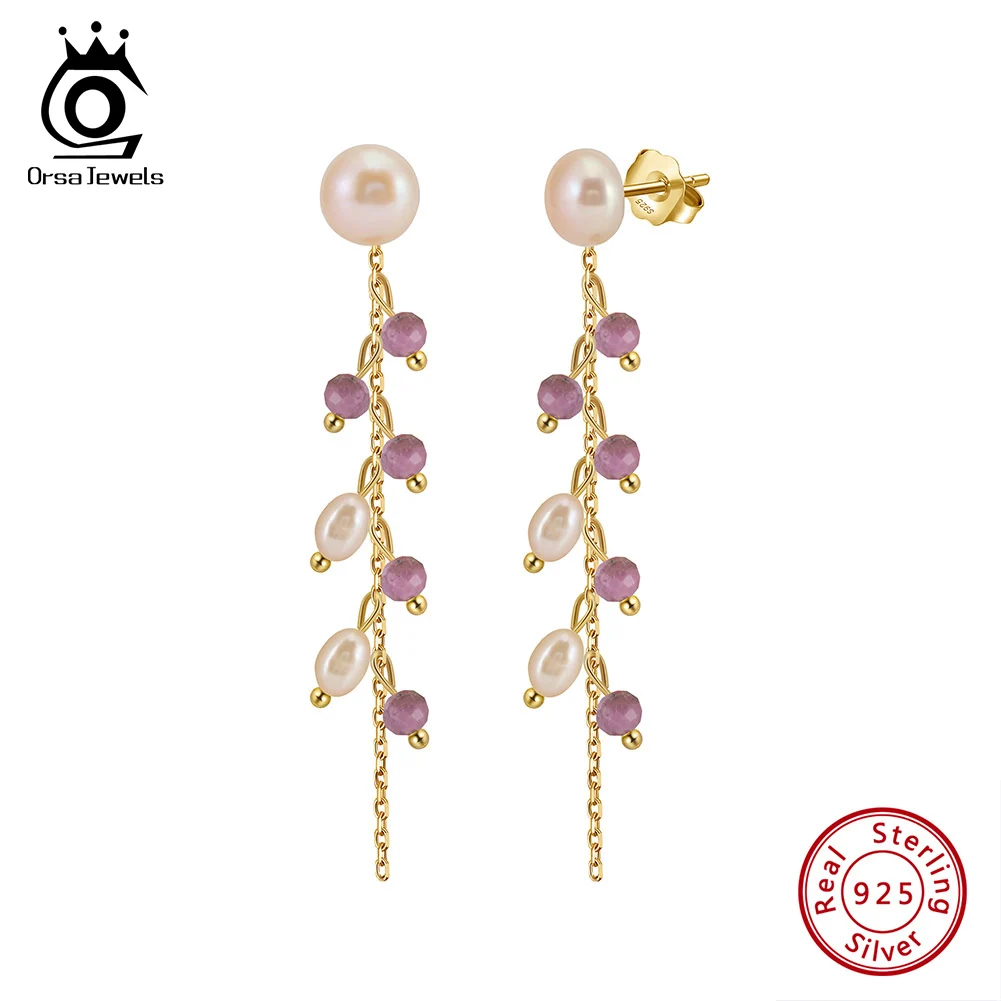 

ORSA JEWELS Purple Mica Dangle Earring Lucky Beads With Pearls Ear Accessories 925 Silver Creative Luxury Women Jewelry MPE05