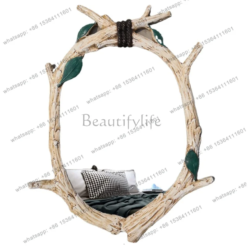 European American Country Rustic Style Faux Wood Branch Bathroom Mirror Vintage Wall Mounted Decorative Vanity Mirror