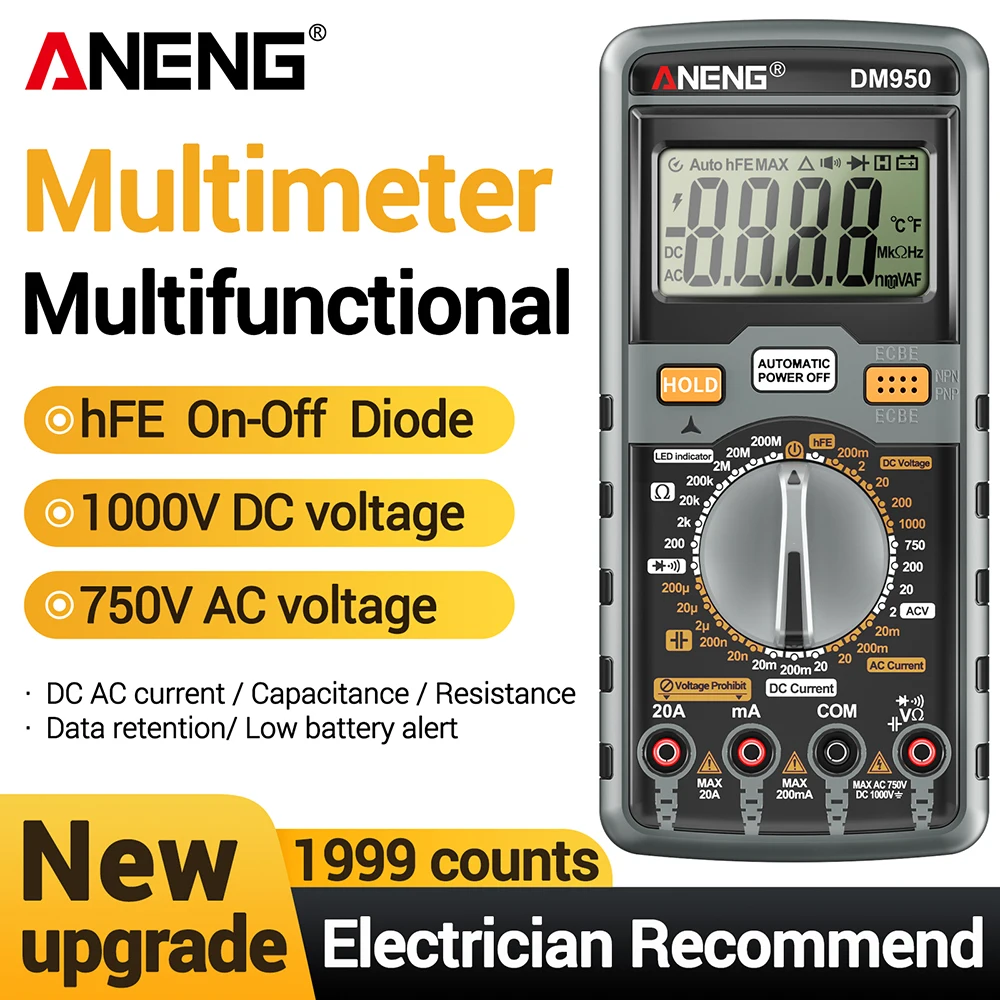 

Цифровой мультиметр ANENG DM950, 1999 показаний, тестер напряжения AC/DC, NCV, измерение сопротивления, тока, емкости, диодов, hFE, для электриков