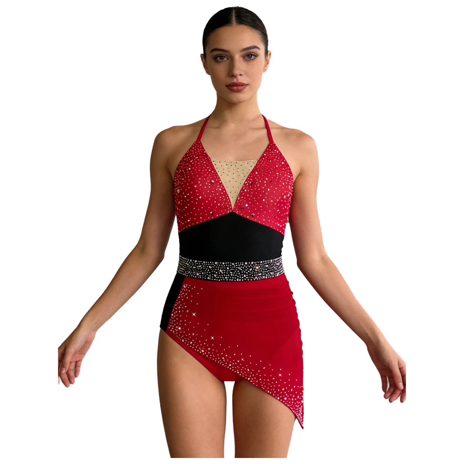 

Women Lyrical Dance Dress Performance Figure Skating Gymnastic Dancewear Sleeveless Rhinestones Sheer Mesh Leotards Dress Ballet