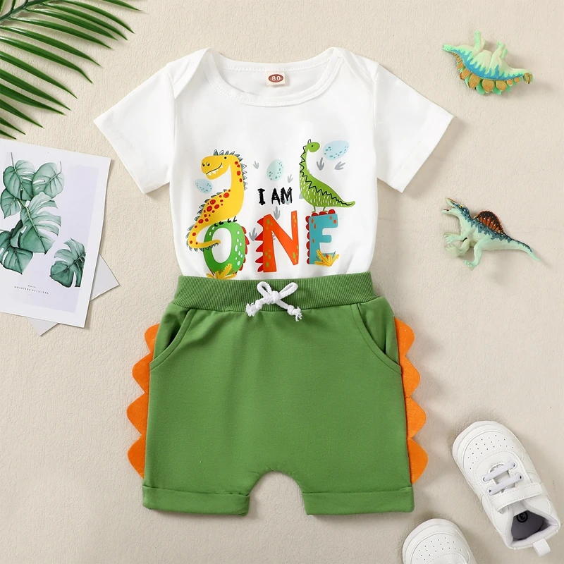 Baby Girl Boy First Birthday Outfit Dinosaur Print Short Sleeve Romper Elastic Waist Shorts Toddler Summer Set