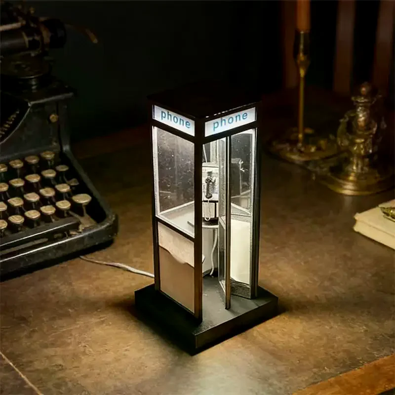 Retro Vintage Tall Phonebooth Lamp Classic Telephone Booth Table Warm LED Light Phone Box Decorative Night No Break Nostalgic