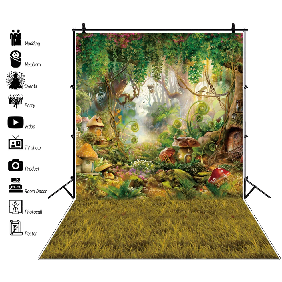 写真、緑、キノコ、素晴らしいランドの背景、ベビーシャワー、誕生日パーティーバナー、写真スタジオの森の背景