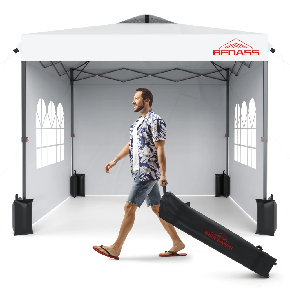 10x10 Pop Up Canopy with Sidewalls, Easy Up Canopy Tent, Heavy Duty Tents for Parties, One Person Set Up Event Tent, White