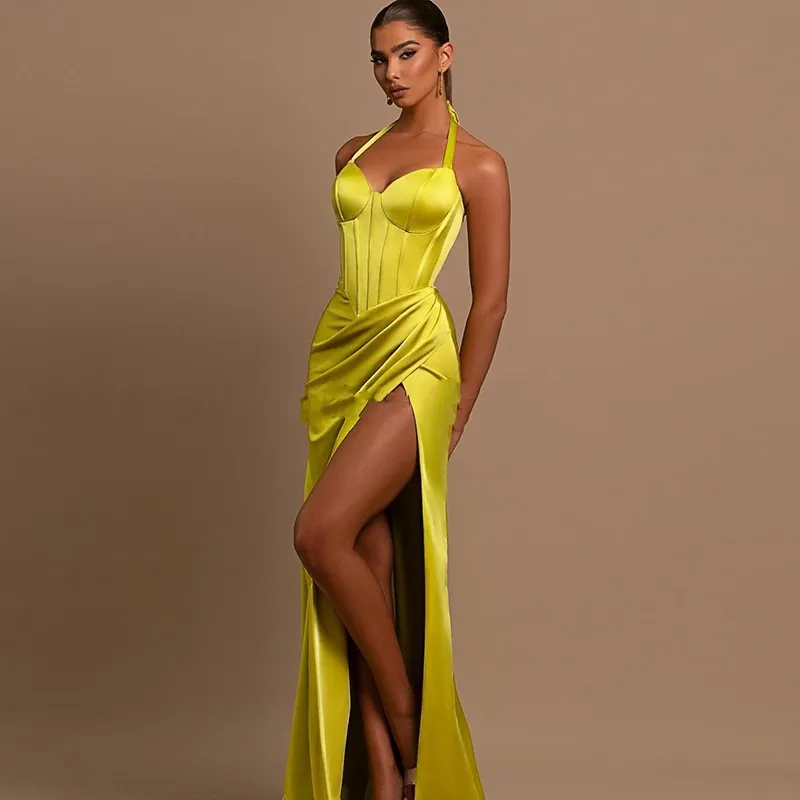 Customized Sexy Straps Women Evening Dresses 2025 Halter Neck Long Slit Satin Prom Party Gowns Robe De Soiree Abendkleider