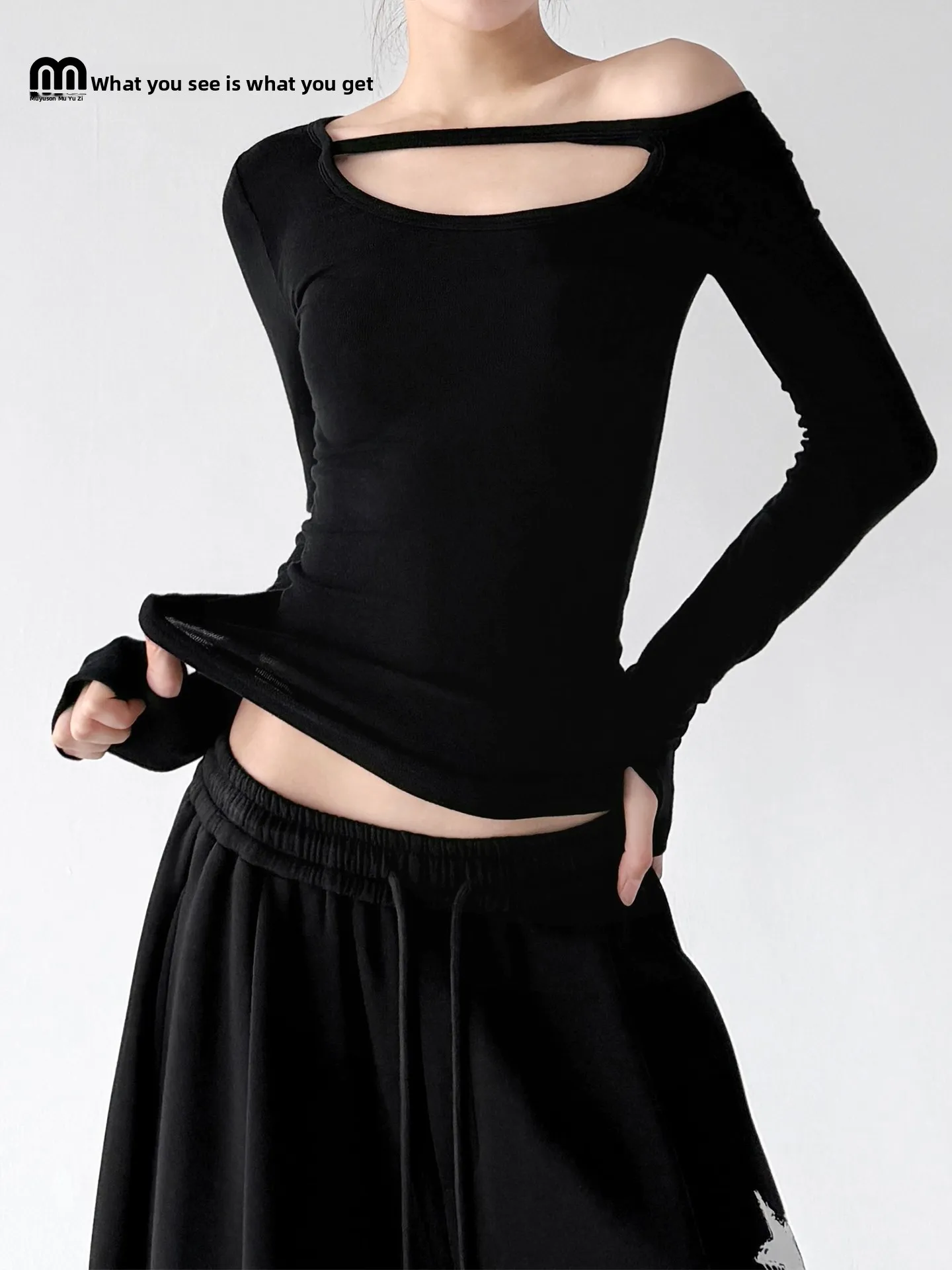 Slim Fit Long Sleeve T-Shirt Women's Black Sexy Shoulder Design Hollow out Base Shirt Trendy Campus Office Citywalk Party Travel