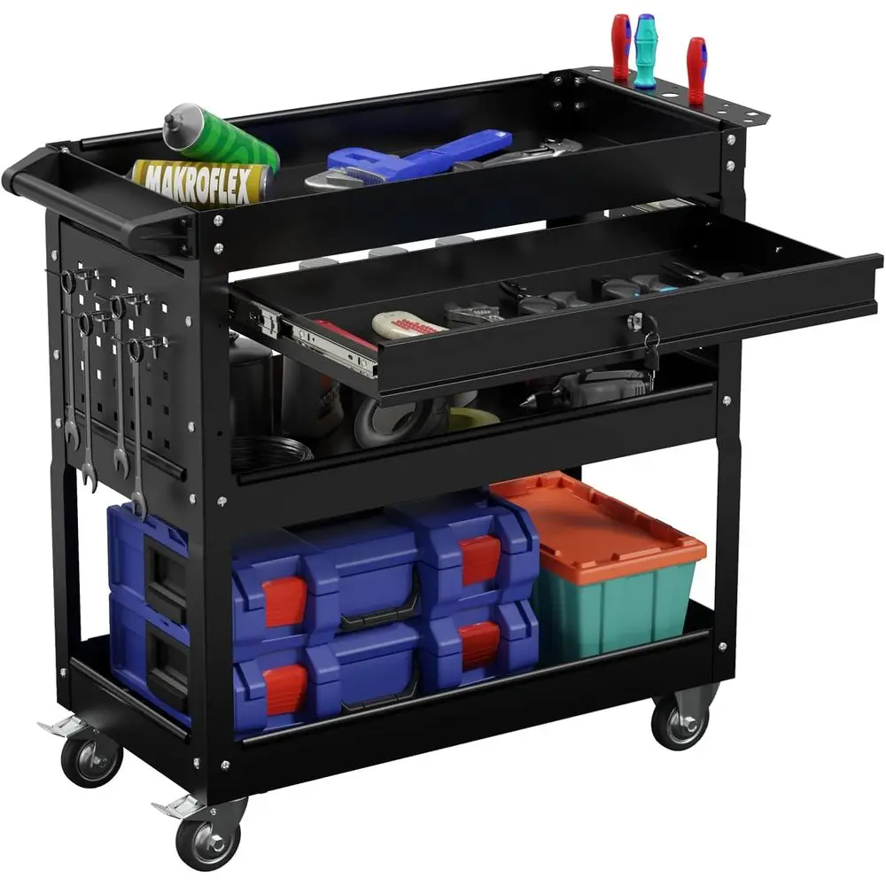 

3-Tier Heavy Duty Utility Cart,350LBS Rolling Tool Cart with Drawer,Wheeled Service Trolley for Warehouse,Garage and Repair Shop