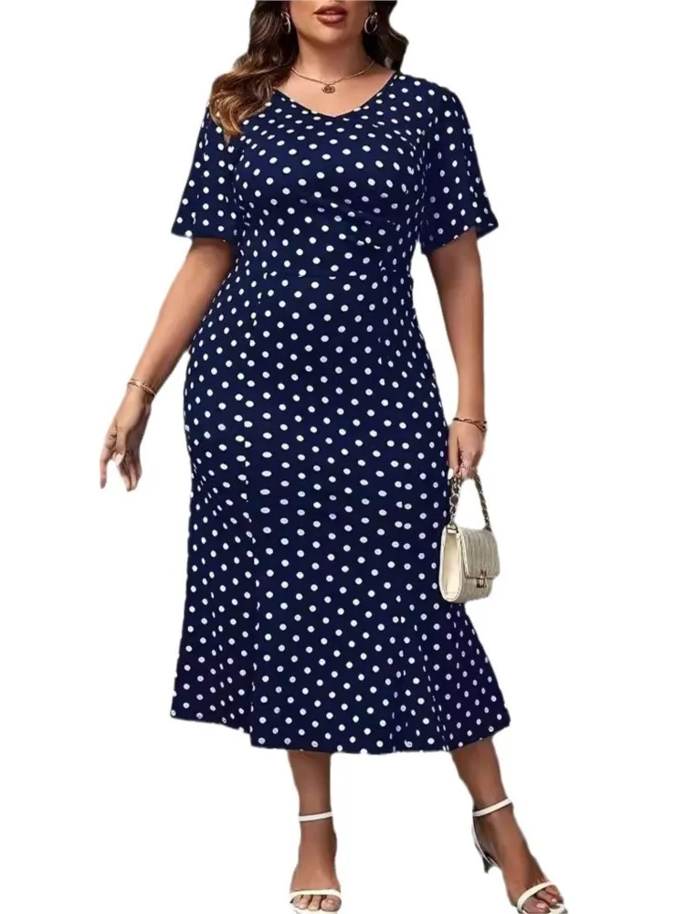 Plus Size Polka Dot Print Summer Midi Dress Women Slim Waist Sexy Fashion Ruffle Pleated Ladies Dresses Short Sleeve Woman Dress