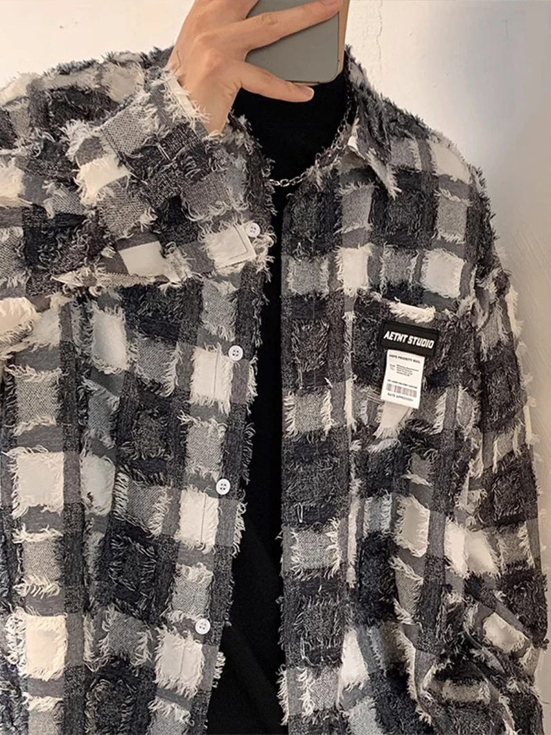 

Винтажная американская ретро-рубашка в черно-белую клетку для мужчин, весенне-осенняя модная верхняя одежда свободного кроя с длинными рукавами, молодежная мода