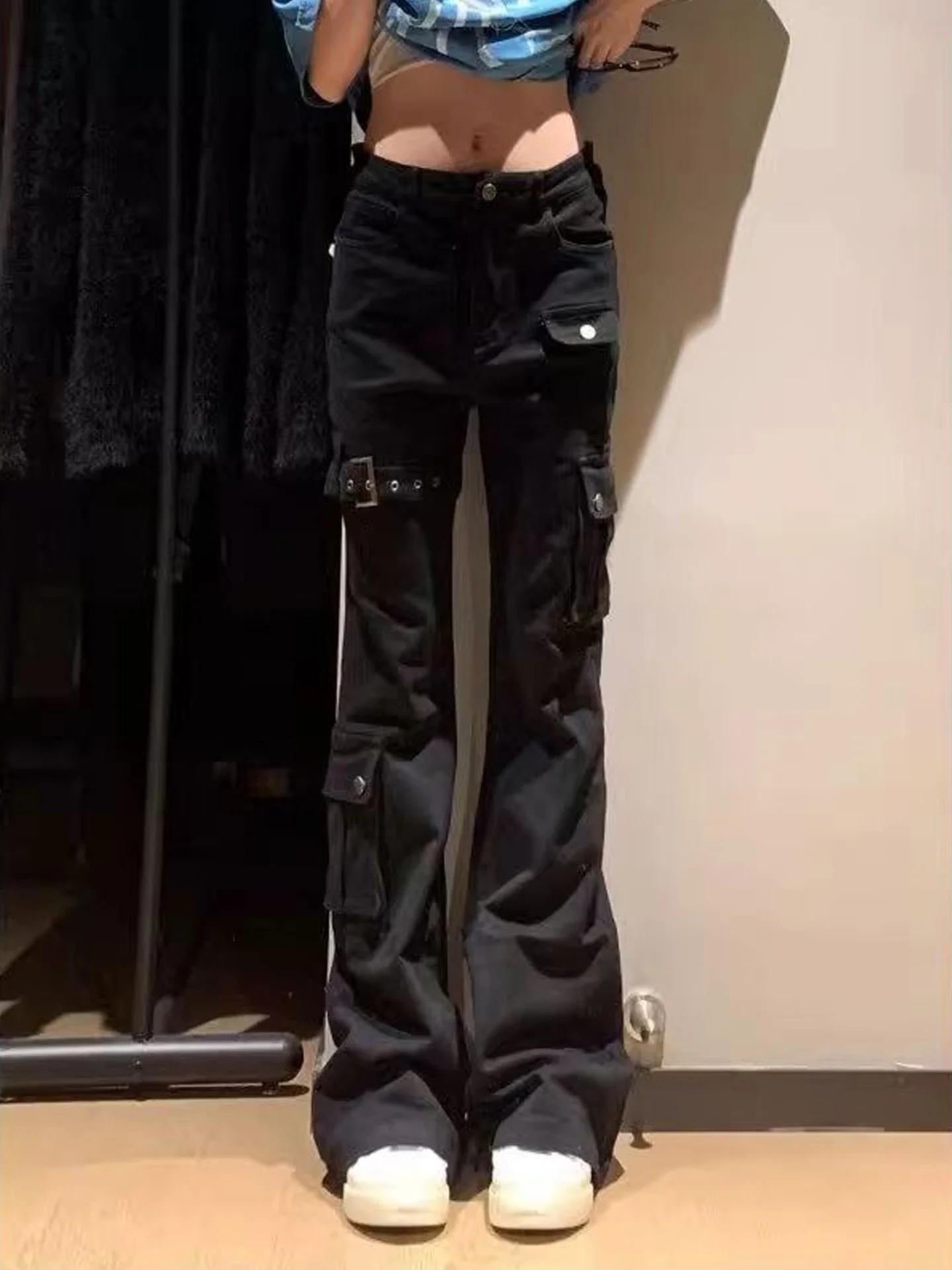 

Slim Fit American Style Workwear Denim Jeans Women's Summer High Street Design Bell Bottom Floor Length Pants