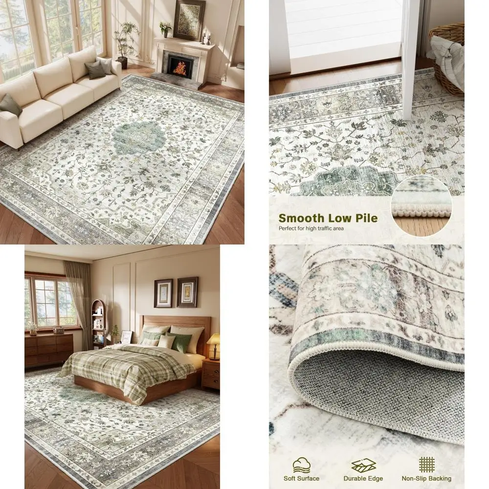

Vintage Floral Print Area Rug, 9x12 Feet, Machine Washable and Non-Slip for Living Room and Bedroom