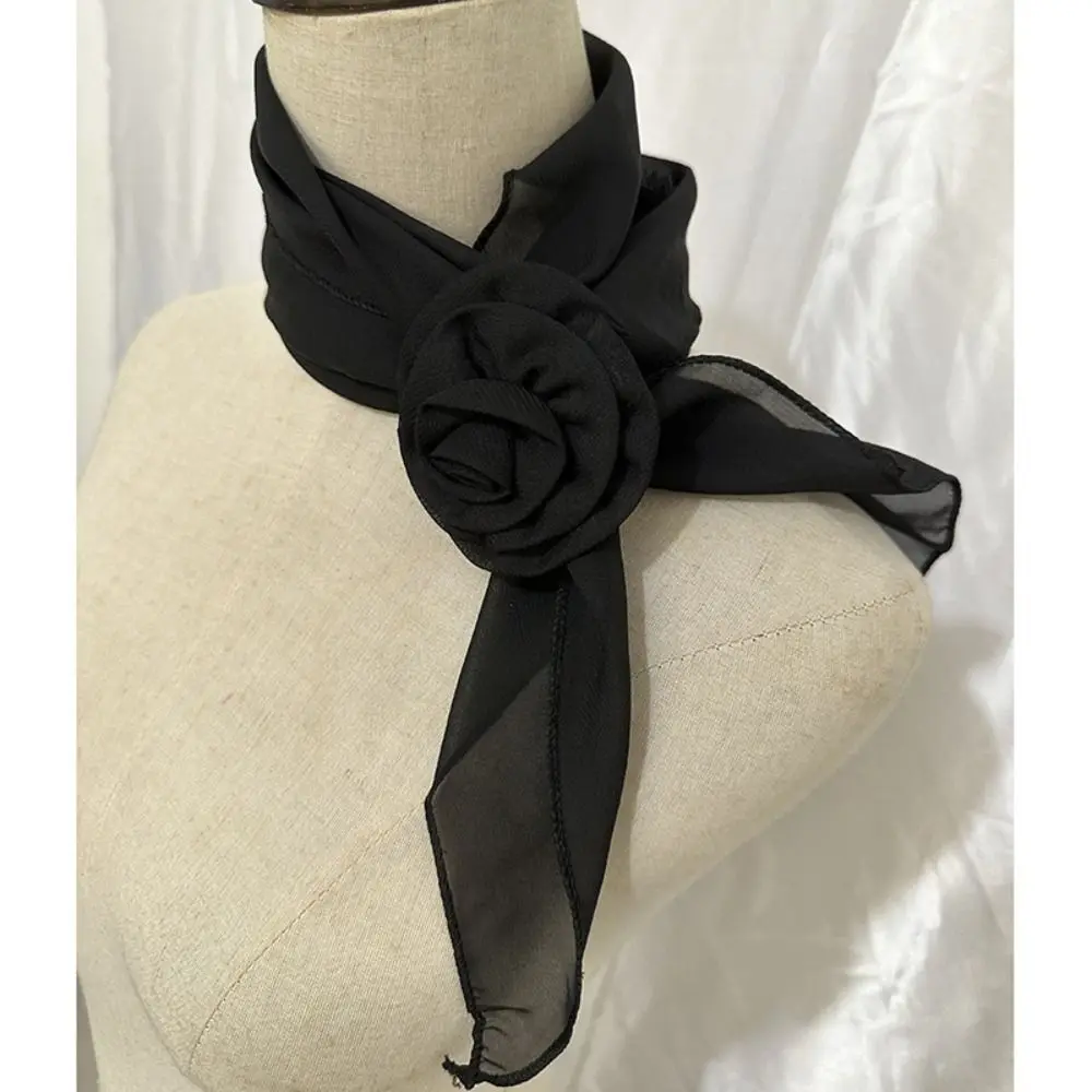 แฟชั่น Rose ดอกไม้ยาวผ้าพันคอซาตินนุ่ม Kerchief ชีฟอง Neckerchief สีตกแต่งคอผ้าพันคอชีฟอง