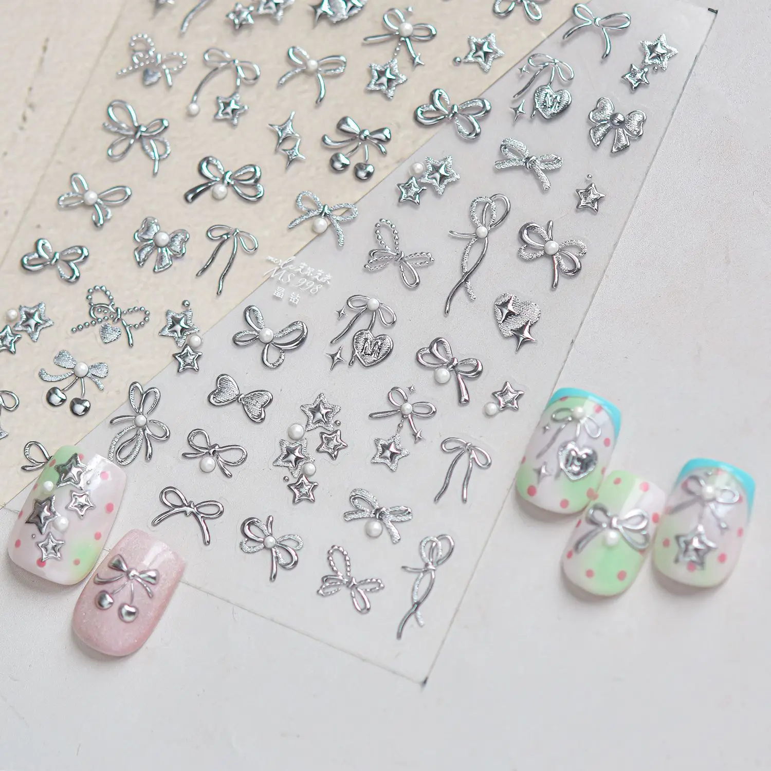 1Pcs Silver Bow Star Nail Stickers Cherry Bows Star Love Heart Pearl 5D Crystal Nail Decoration Self Adhesive Nail Stickers DIY view 3
